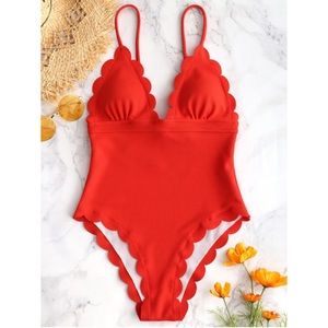 🆕 ZAFUL Ribbed Scalloped Red One Piece Swimsuit